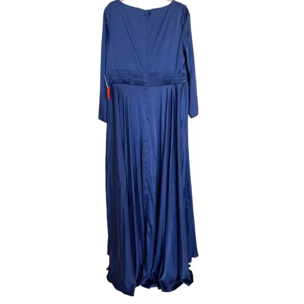 IEENA‎ Mac Duggal Gown Dress Size 18W Blue Satin V Neck Long Sleeve 55290 NWT